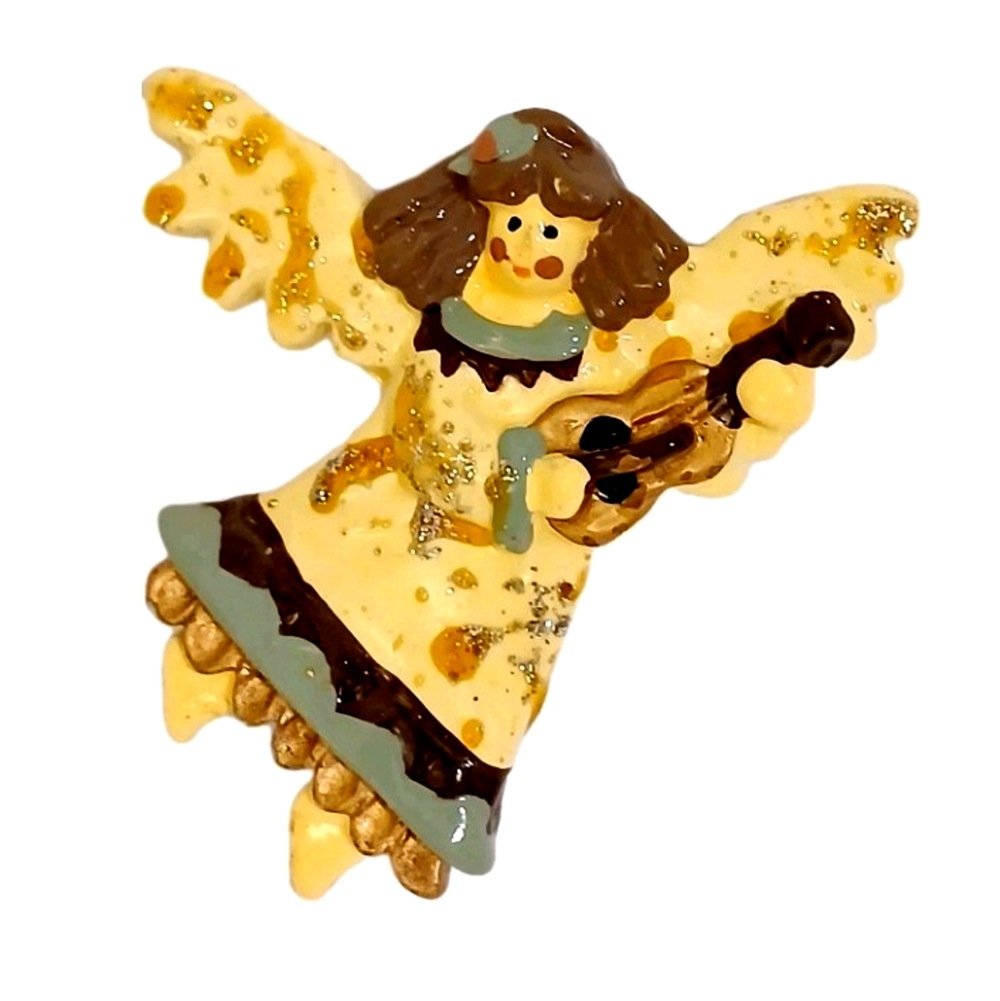 Vintage Angel Pin Broach Violin Christmas Hand Painted Plaster Holiday Whimsical